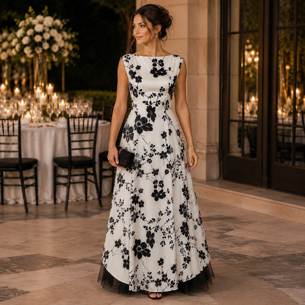 Jessica McClintock Evening Black White Floral Strapless Tulle Gown Romantic 6